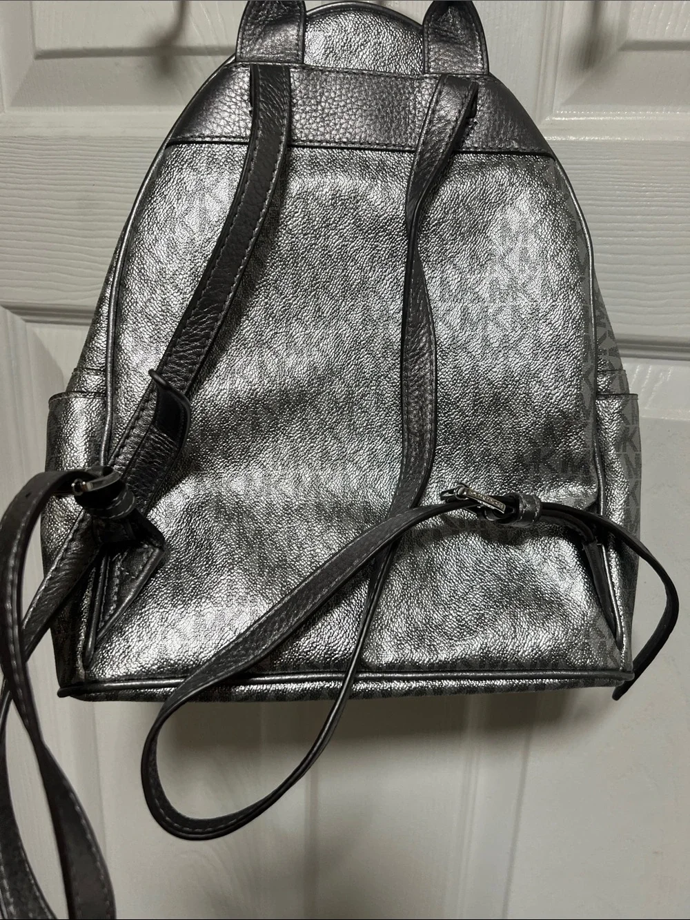 NWOT Michael Kors Abbey Medium Metallic Silver Logo Backpack